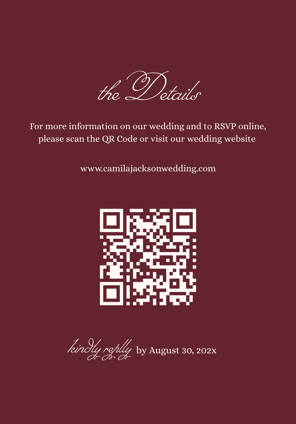 Burgundy Wedding Details Qr Code Card Template | Semi-Custom Digital Download