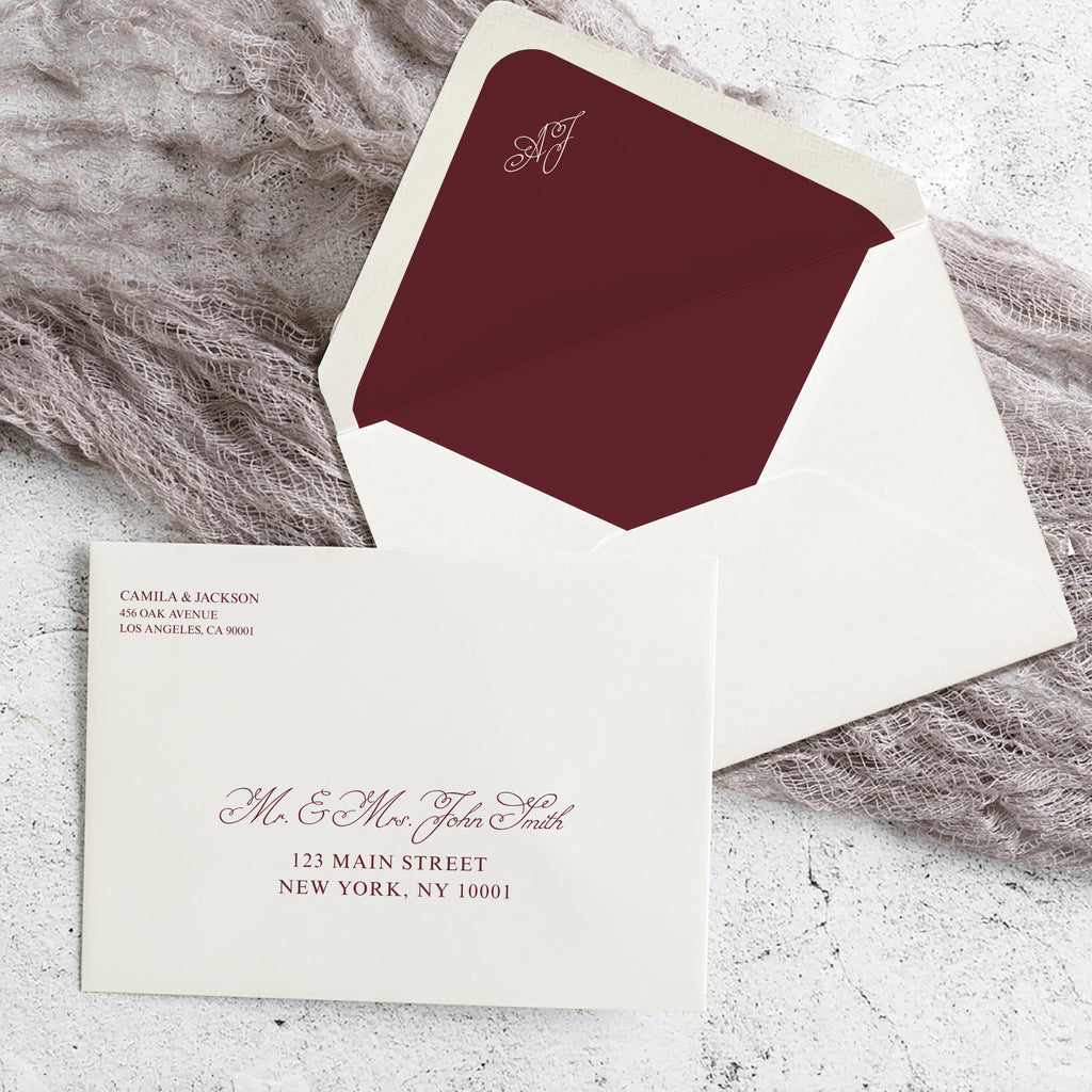 Ivory and Burgundy Wedding Envelope & Euro Flap Liner Template