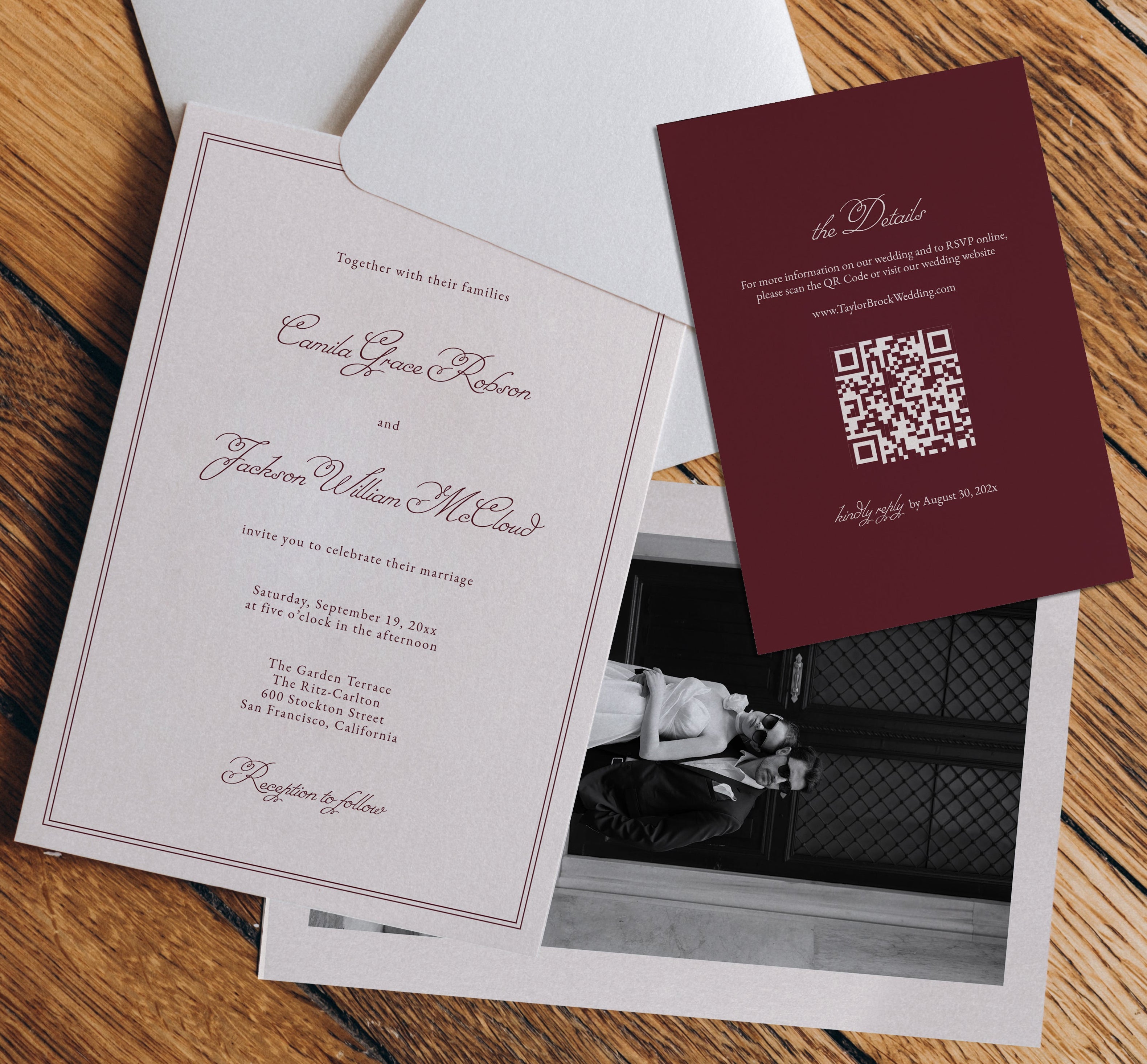 Elegant Burgundy Wedding Invitation Suite Template | Semi-Custom Digital Download
