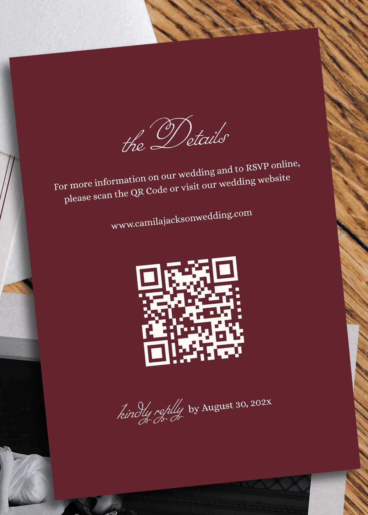 Burgundy Wedding Details Qr Code Card Template | Semi-Custom Digital Download