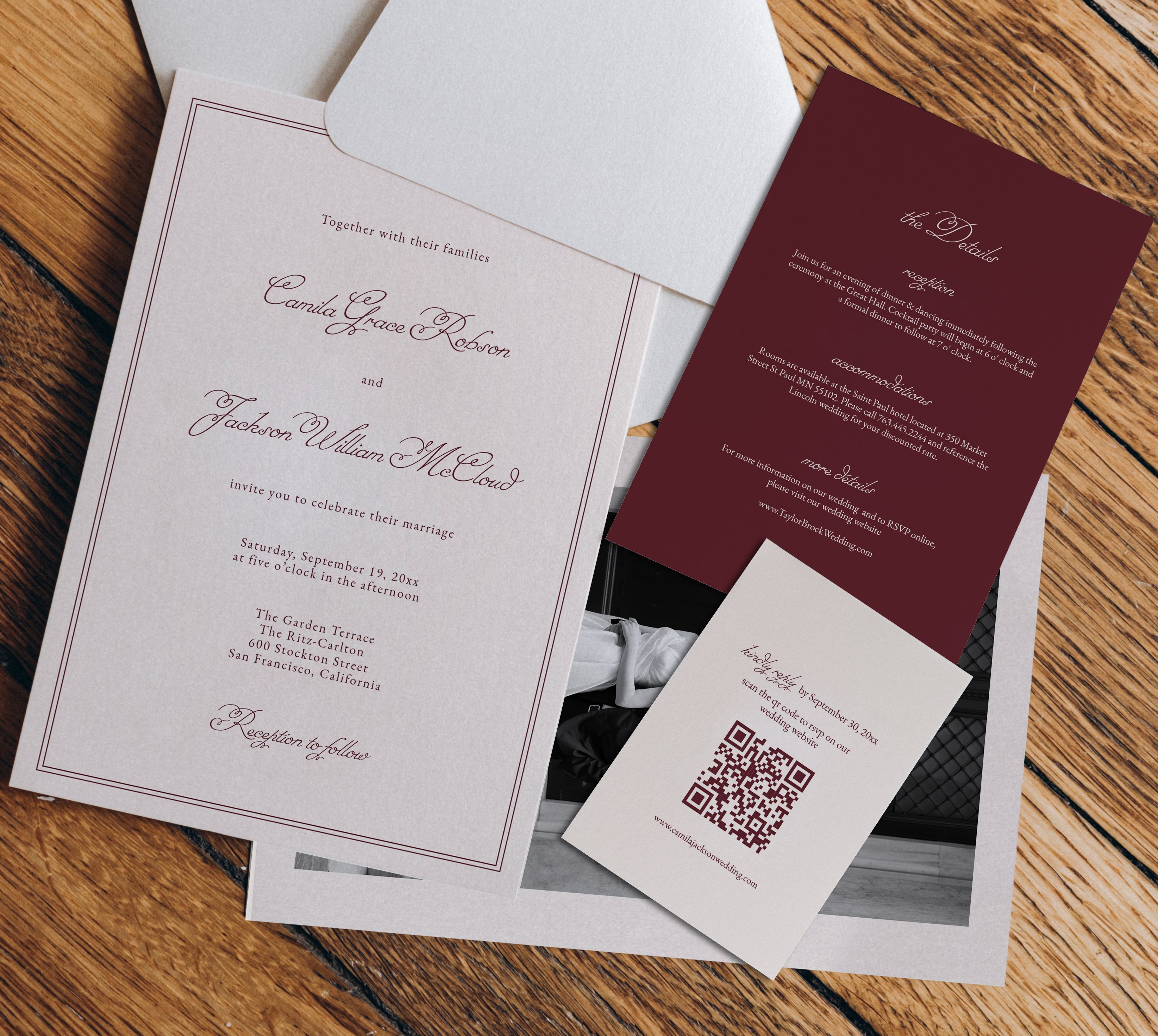Elegant Burgundy Wedding Invitation Suite Template | Semi-Custom Digital Download
