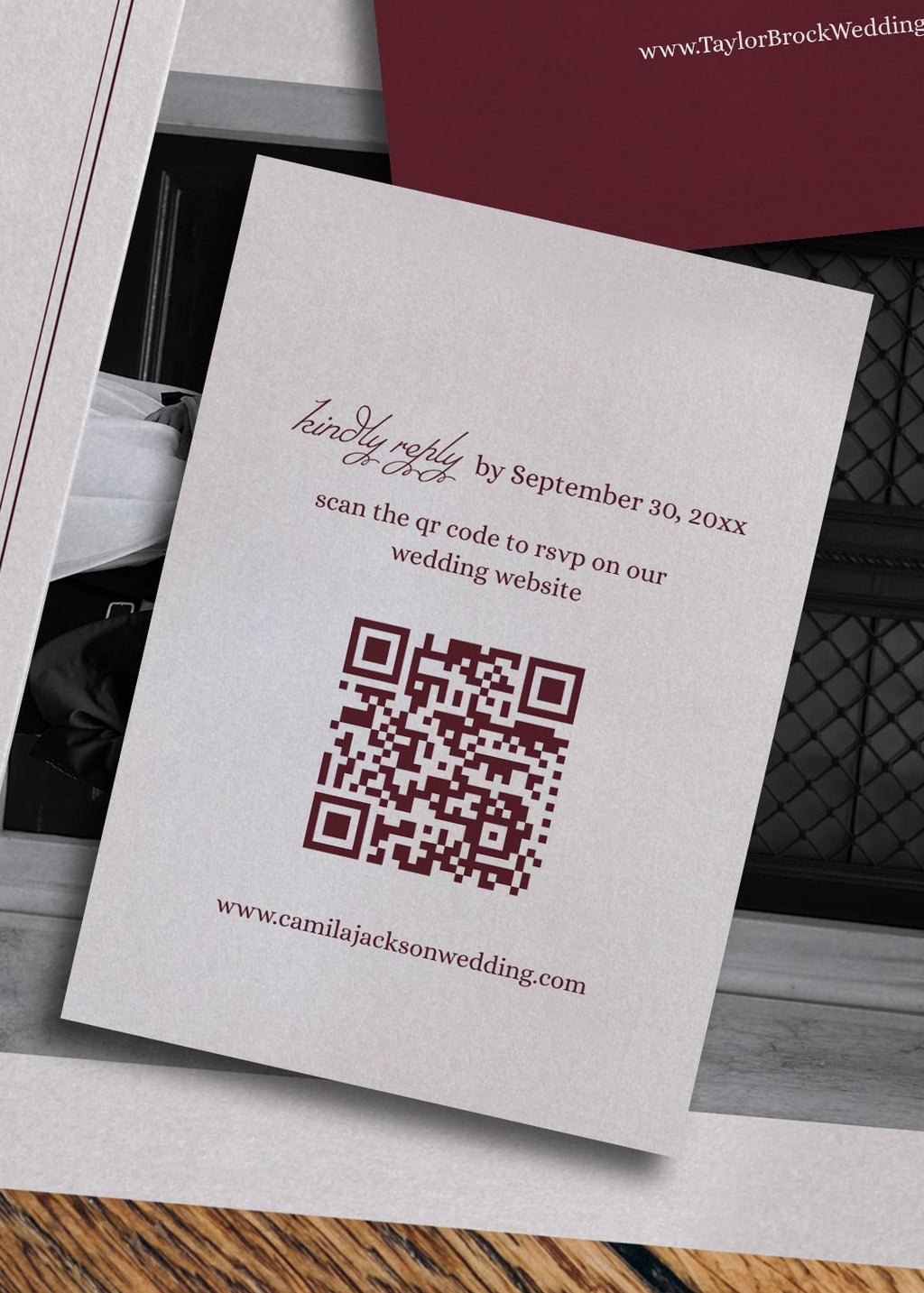 Ivory and Burgundy Wedding RSVP Card Qr Code Template | Semi-Custom Digital Download